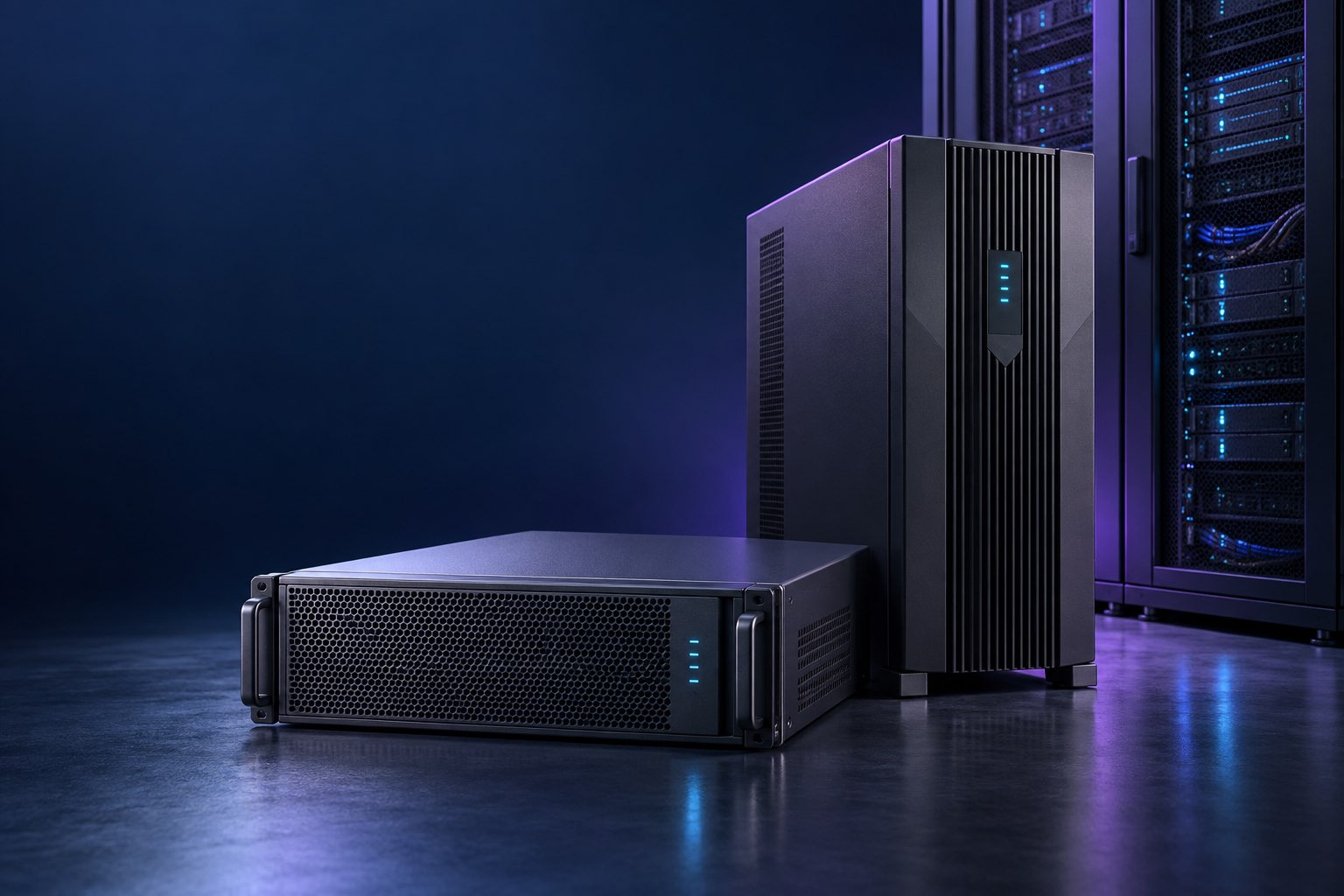 Minh họa UPS tower và rack trong không gian phòng máy